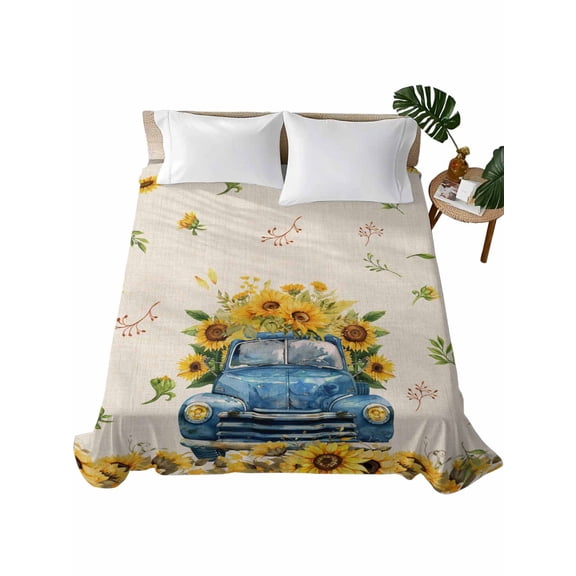King Flat Sheet 105"x98", Sunflower Soft Lightweight Bedding Flat Sheets Only, Watercolor Summer Floral Truck Vintage Brushed Microfiber Top Bed Sheet, Breathable StainResistant Bedsheets