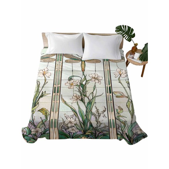 King Flat Sheet 105"x98", Vintage Dragonfly Soft Lightweight Bedding Flat Sheets Only, Botanical Teal Spring Summer Brushed Microfiber Top Bed Sheet, Breathable StainResistant Bedsheets