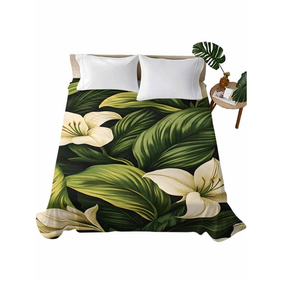 King Flat Sheet 105"x98", White Lily Flower Soft Lightweight Bedding Flat Sheets Only, Tropical Bloom Floral Green Leaf Brushed Microfiber Top Bed Sheet, Breathable StainResistant Bedsheets