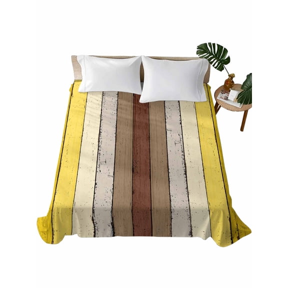 King Flat Sheet 105"x98", Yellow Brown Soft Lightweight Bedding Flat Sheets Only, Farmhouse Wood Grain Vintage Striped Brushed Microfiber Top Bed Sheet, Breathable StainResistant Bedsheets