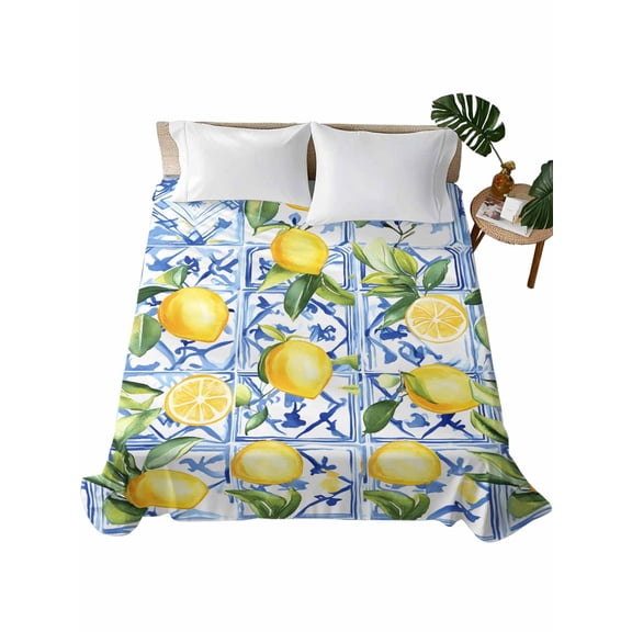 King Flat Sheet 105"x98", Yellow Lemon Soft Lightweight Bedding Flat Sheets Only, Botanical Spring Leaves Abstract Blue Tile Brushed Microfiber Top Bed Sheet, Breathable StainResistant Bedsheets