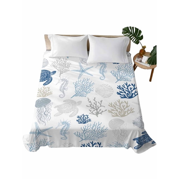 King Flat Sheet Abstract Coral Turtles Jellyfish Blue Shells Flat Sheets Only Soft Breathable Microfiber Bedding Top Sheets Luxury Hotel Quality Sea Creature King Bed Sheet for All Season Bedroom
