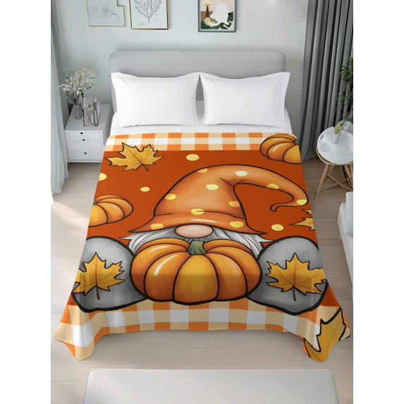 King Flat Sheet Only Autumn Harvest Gnome Pumpkin Soft Microfiber Cooling Bedding Sheets Thanksgiving Maple Leaves Orange Flat Bed Sheet for Hotel,Home Decor