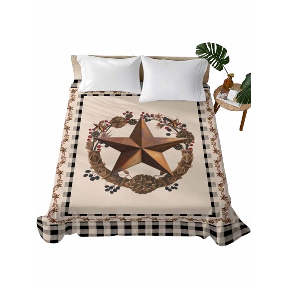 King Flat Sheet Barn Star Texas Flat Sheets Only Soft Breathable Microfiber Bedding Top Sheets Luxury Hotel Quality Berry Wreath Country Black Plaid King Bed Sheet for All Season Bedroom Dorm