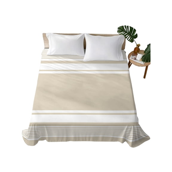 King Flat Sheet Beige Stripes Flat Sheets Only Soft Breathable Microfiber Bedding Top Sheets Luxury Hotel Quality Refreshing Stripes Lines King Bed Sheet for All Season Bedroom Dorm Home Decor