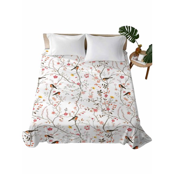 King Flat Sheet Bird Tree Branch Flat Sheets Only Soft Breathable Microfiber Bedding Top Sheets Luxury Hotel Quality Pink Floral Leaves King Bed Sheet for All Season Bedroom Dorm Home Decor