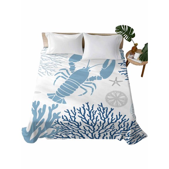 King Flat Sheet Blue Lobster Flat Sheets Only Soft Breathable Microfiber Bedding Top Sheets Luxury Hotel Quality Coral Starfish Shell King Bed Sheet for All Season Bedroom Dorm Home Decor