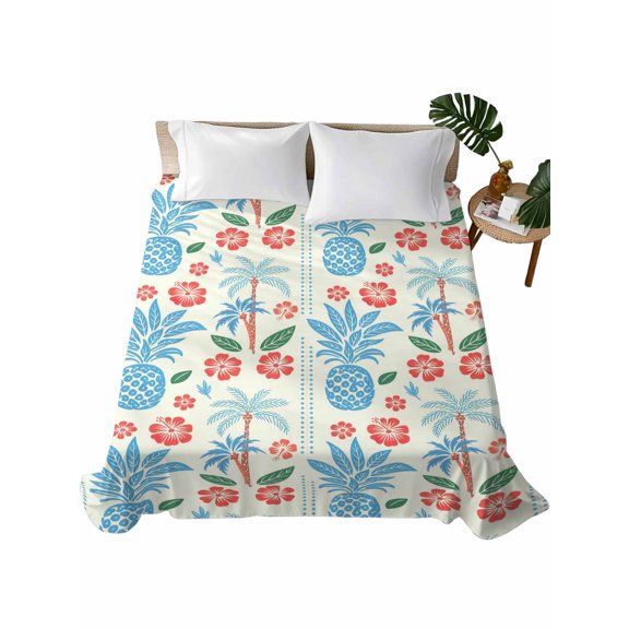 King Flat Sheet Blue Pineapple Flat Sheets Only Soft Breathable Microfiber Bedding Top Sheets Luxury Hotel Quality Floral Tropical Fruit Palm Tree King Bed Sheet for All Season Bedroom Dorm