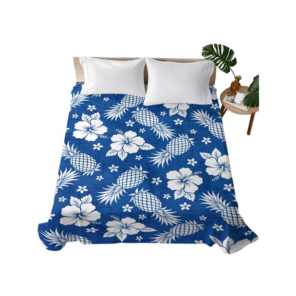 King Flat Sheet Blue Pineapples Flat Sheets Only Soft Breathable Microfiber Bedding Top Sheets Luxury Hotel Quality Tropical Fruit Hibiscus Flowers King Bed Sheet for All Season Bedroom Dorm