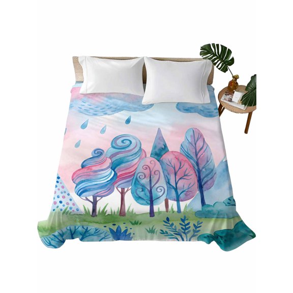 King Flat Sheet Blue Pink Could Rain Drop Flat Sheets Only Soft Breathable Microfiber Bedding Top Sheets Luxury Hotel Quality Forest Tree Mountain King Bed Sheet for All Season Bedroom Dorm