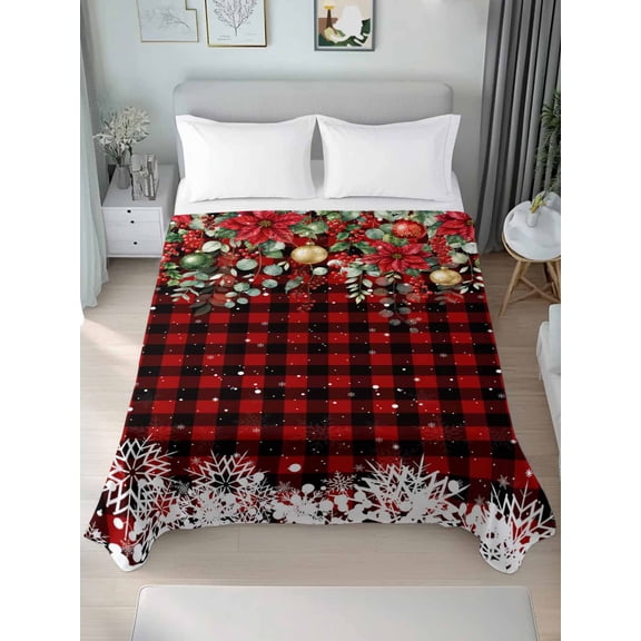 King Flat Sheet Only Christmas Poinsettia Berry Leaves Soft Microfiber Cooling Bedding Sheets Winter Snowflake Buffalo Plaid Flat Bed Sheet for Hotel, Home Decor