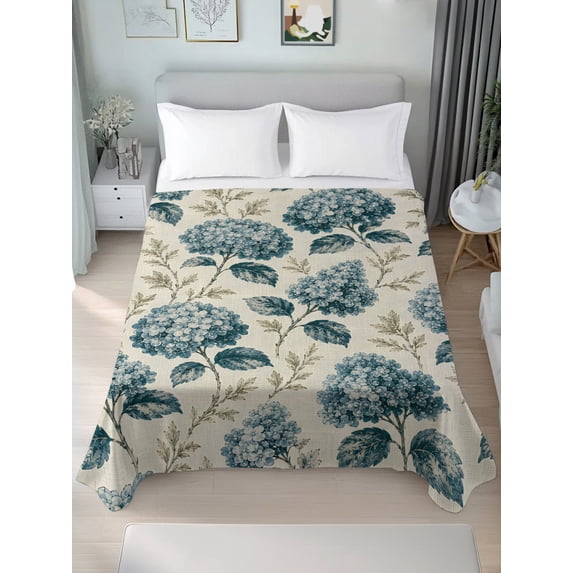 King Flat Sheet Only Classic Navy Blue Hydrangea Soft Microfiber Cooling Bedding Sheets Floral on Retro Background Flat Bed Sheet for Hotel,Home Decor