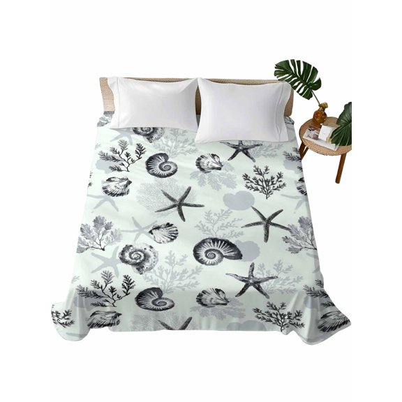 King Flat Sheet Coastal Shell Conch Flat Sheets Only Soft Breathable Microfiber Bedding Top Sheets Luxury Hotel Quality Green Ocean Coral Starfish King Bed Sheet for All Season Bedroom Dorm