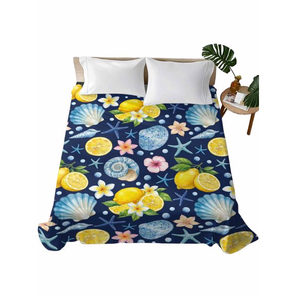King Flat Sheet Coastal Shell Starfish Flat Sheets Only Soft Breathable Microfiber Bedding Top Sheets Luxury Hotel Quality Blue Ocean Conch Summer Lemon King Bed Sheet for All Season Bedroom Dorm