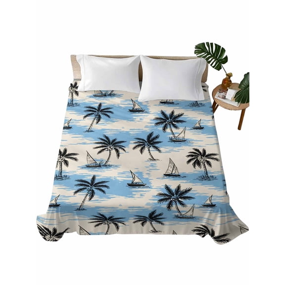 King Flat Sheet Coconut Palm Trees Flat Sheets Only Soft Breathable Microfiber Bedding Top Sheets Luxury Hotel Quality Sailing Surfing Vacation King Bed Sheet for All Season Bedroom Dorm Home Decor