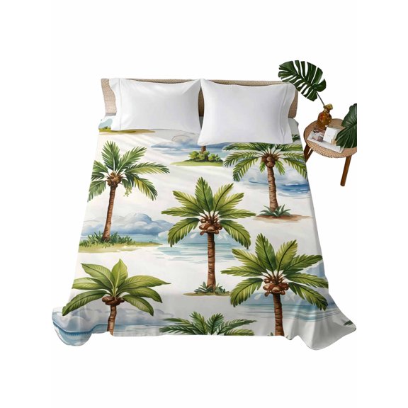 King Flat Sheet Coconut Palm Trees Flat Sheets Only Soft Breathable Microfiber Bedding Top Sheets Luxury Hotel Quality Tropical Plant Cloud King Bed Sheet for All Season Bedroom Dorm Home Decor