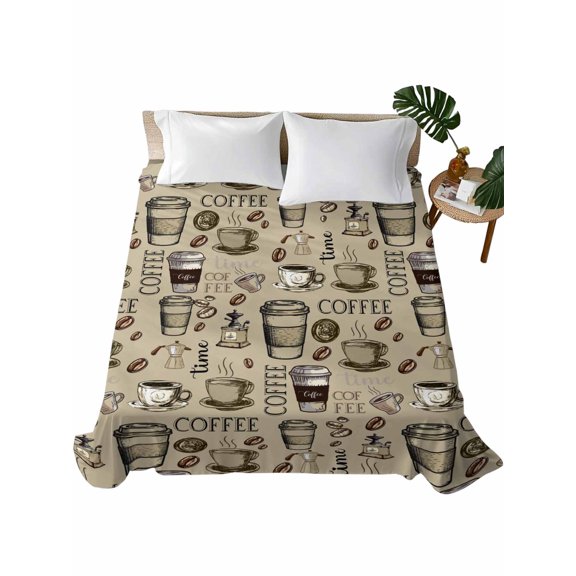 King Flat Sheet Coffee Beans Flat Sheets Only Soft Breathable Microfiber Bedding Top Sheets Luxury Hotel Quality Khaki Coffee Cups King Bed Sheet for All Season Bedroom Dorm Home Decor