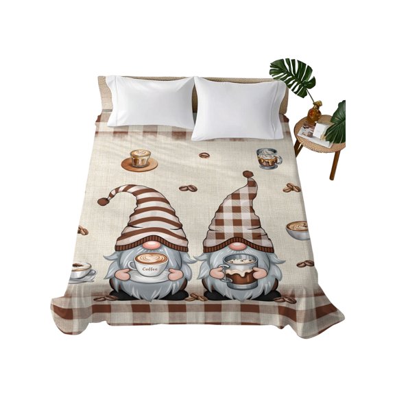 King Flat Sheet Coffee Cup Gnome Flat Sheets Only Soft Breathable Microfiber Bedding Top Sheets Luxury Hotel Quality Coffee Beans Brown Plaid King Bed Sheet for All Season Bedroom Dorm Home Decor