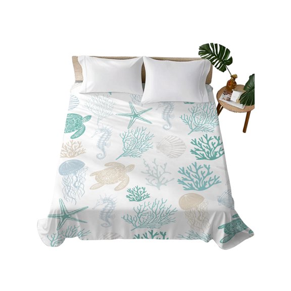 King Flat Sheet Coral Turtles Green Starfish Jellyfish Shells Flat Sheets Only Soft Breathable Microfiber Bedding Top Sheets Luxury Hotel Quality Sea Creature King Bed Sheet for All Season Bedroom