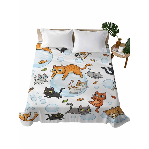 King Flat Sheet Cute Cat Bubble Flat Sheets Only Soft Breathable Microfiber Bedding Top Sheets Luxury Hotel Quality Playing Animal Catty Fish King Bed Sheet for All Season Bedroom Dorm Home Decor