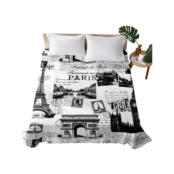 King Flat Sheet Eiffel Tower Flat Sheets Only Soft Breathable Microfiber Bedding Top Sheets Luxury Hotel Quality Black France Paris Travel Landscape King Bed Sheet for All Season Bedroom Dorm