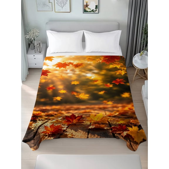 King Flat Sheet Only Fall Maple Leaves Wooden Plank Soft Microfiber Cooling Bedding Sheets Thanksgiving Sunbeam Foliage Flat Bed Sheet for Hotel,Home Decor