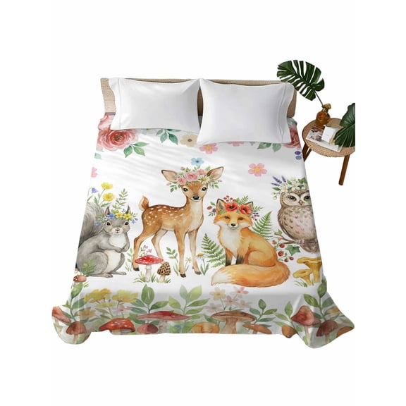 King Flat Sheet Forest Animal Flat Sheets Only Soft Breathable Microfiber Bedding Top Sheets Luxury Hotel Quality Floral Deer Fox Rabbit Owl King Bed Sheet for All Season Bedroom Dorm Home Decor