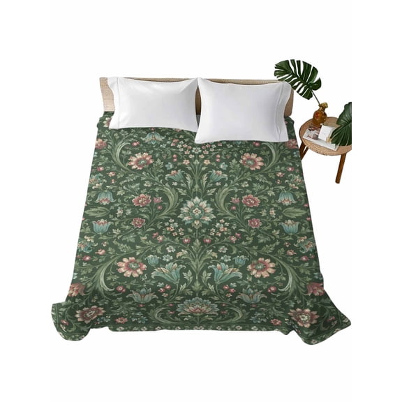 King Flat Sheet Green Palmette Flower Buds Flat Sheets Only Soft Breathable Microfiber Bedding Top Sheets Luxury Hotel Quality Bohemian Floral Vines King Bed Sheet for All Season Bedroom Dorm Decor