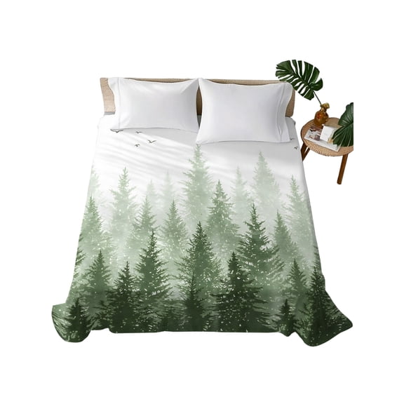 King Flat Sheet Green Pine Trees Flat Sheets Only Soft Breathable Microfiber Bedding Top Sheets Luxury Hotel Quality Bird Misty Forest Nature Landscape King Bed Sheet for All Season Bedroom Dorm
