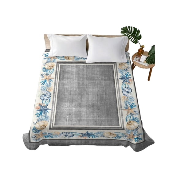 King Flat Sheet, Grey Coastal King Bed Sheets Only, Soft Microfiber Flat Sheet, Vintage Summer Beach Coral Shell Starfish Hotel Quality Bedding Top Sheet Bedroom Home Dorm Decor