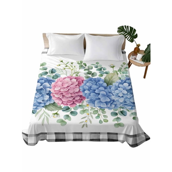 King Flat Sheet Hydrangea Flower Flat Sheets Only Soft Breathable Microfiber Bedding Top Sheets Luxury Hotel Quality Eucalyptus Leaves Black Plaid King Bed Sheet for All Season Bedroom Dorm