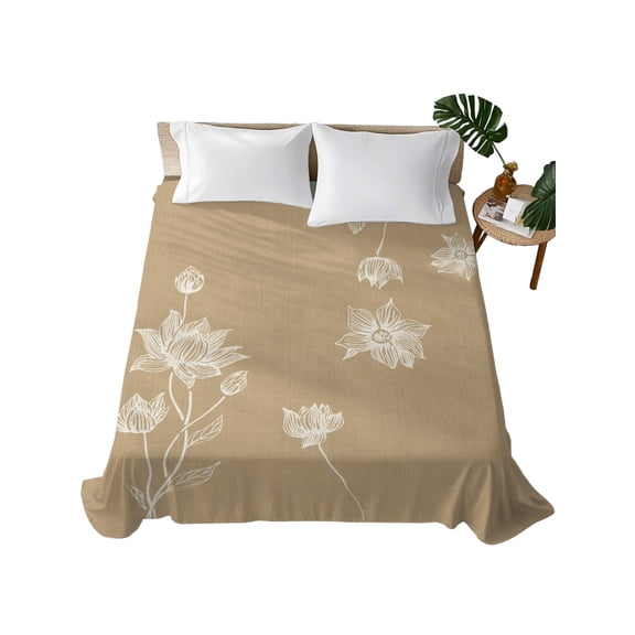 King Flat Sheet Lotus Flowers Flat Sheets Only Soft Breathable Microfiber Bedding Top Sheets Luxury Hotel Quality Harmony Floral Khaki King Bed Sheet for All Season Bedroom Dorm Home Decor