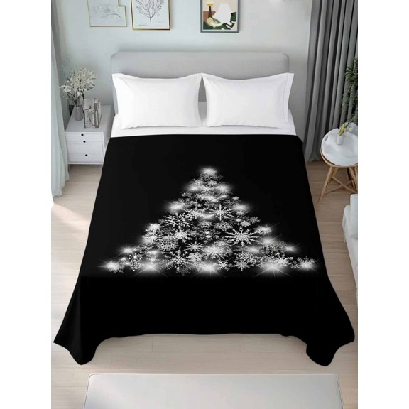 King Flat Sheet Only Merry Christmas White Snowflake Soft Microfiber Cooling Bedding Sheets Winter Xmas Tree Black Flat Bed Sheet for Hotel, Home Decor