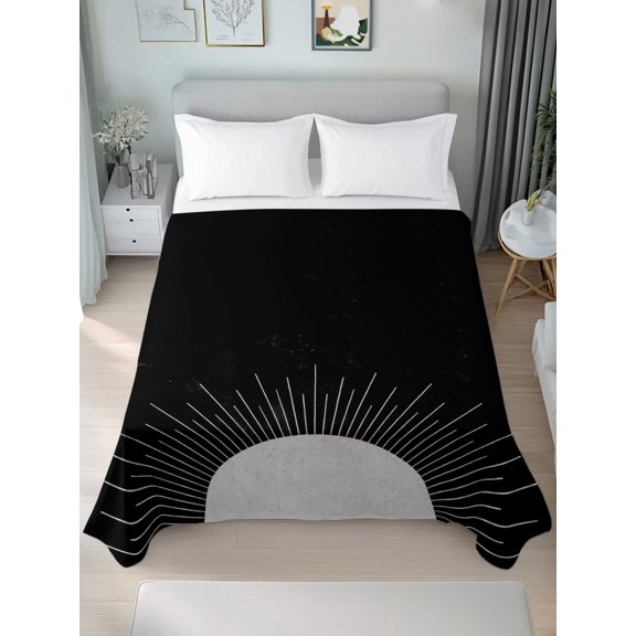 King Flat Sheet Only Minimalist Half Sun on Black Soft Microfiber Cooling Bedding Sheets Minimalist Circle Stripe Flat Bed Sheet for Hotel, Home Decor