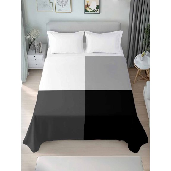 King Flat Sheet Only Modern Black Gray White Color Block Soft Microfiber Cooling Bedding Sheets Minimalist Square Art Flat Bed Sheet for Hotel,Home Decor
