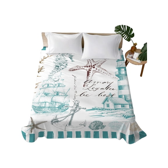 King Flat Sheet Nautical Sailboat Flat Sheets Only Soft Breathable Microfiber Bedding Top Sheets Hotel Quality Lighthouse Anchor Starfish Turquoise Stripe King Bed Sheet for All Season Bedroom
