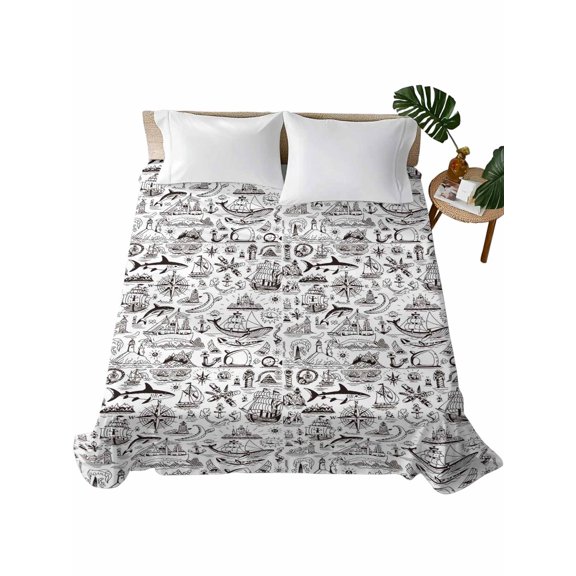 King Flat Sheet Navigation Anchor Sailboat Flat Sheets Only Soft Breathable Microfiber Bedding Top Sheets Luxury Hotel Quality Ocean Compass Map King Bed Sheet for All Season Bedroom Dorm Home Decor