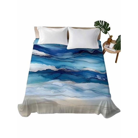 King Flat Sheet, Navy Blue Coastal Beach King Bed Sheets Only, Soft Microfiber Flat Sheet, Summer Nautical Ocean Ombre Art Hotel Quality Bedding Top Sheet Bedroom Home Dorm Decor