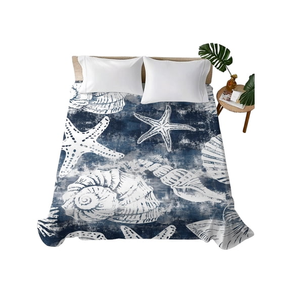 King Flat Sheet Navy Blue Coastal Flat Sheets Only Soft Breathable Microfiber Bedding Top Sheets Luxury Hotel Quality Ocean Starfish Shell Conch King Bed Sheet for All Season Bedroom Dorm Home Decor