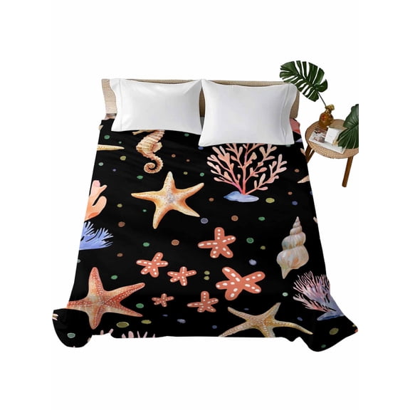 King Flat Sheet Ocean Coastal Flat Sheets Only Soft Breathable Microfiber Bedding Top Sheets Luxury Hotel Quality Black Starfish Coral Conch Shell King Bed Sheet for All Season Bedroom Dorm