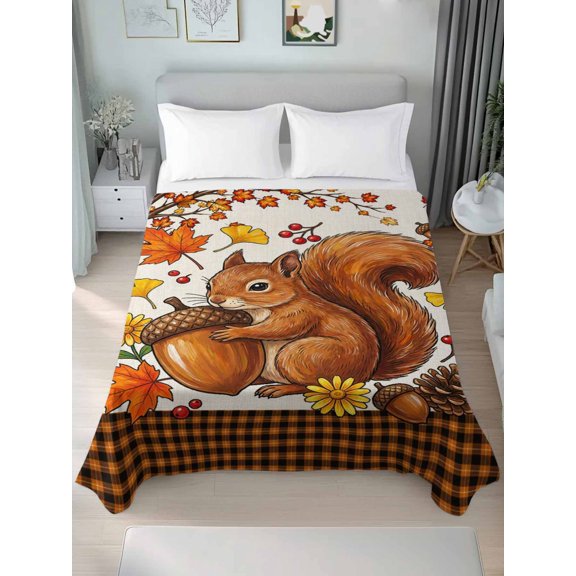 King Flat Sheet Only Autumn Harvest Squirrel Acorn Soft Microfiber Cooling Bedding Sheets Fall Maple Leaves Flat Bed Sheet