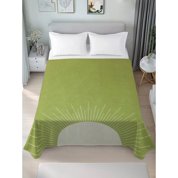 King Flat Sheet Only Boho Sun Olive Green Soft Microfiber Cooling Bedding Sheets Half Sun Minimalist Art Flat Bed Sheet for Hotel, Home Decor
