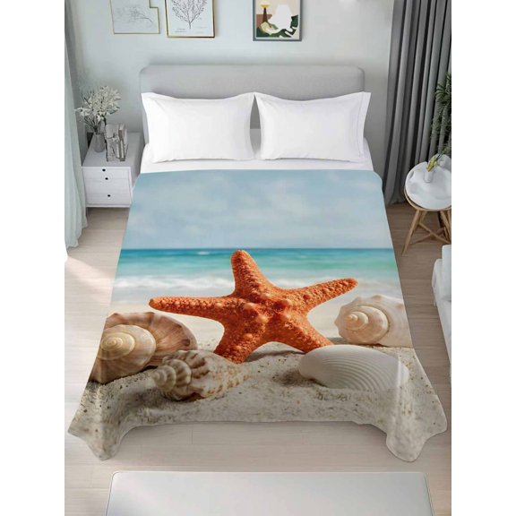 King Flat Sheet Only Coastal Sea Conch Shell Starfish Soft Microfiber Cooling Bedding Sheets Summer Beach Seaside Scenery Flat Bed Sheet