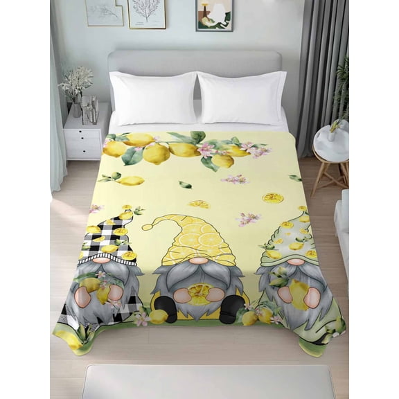 King Flat Sheet Only Country Gnome Yellow Lemon Soft Microfiber Cooling Bedding Sheets Rustic Dwarf Fruit Leaf Flower Flat Bed Sheet