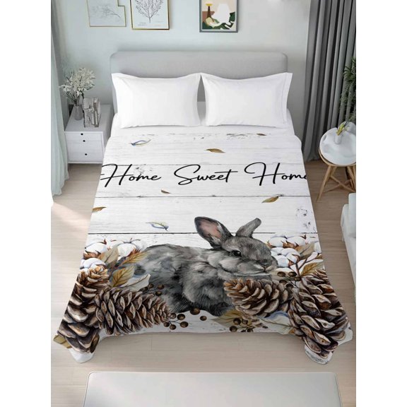 King Flat Sheet Only Farm Rabbit Pine Cone Berry Soft Microfiber Cooling Bedding Sheets Rustic Plant Animal Wood Plank Flat Bed Sheet