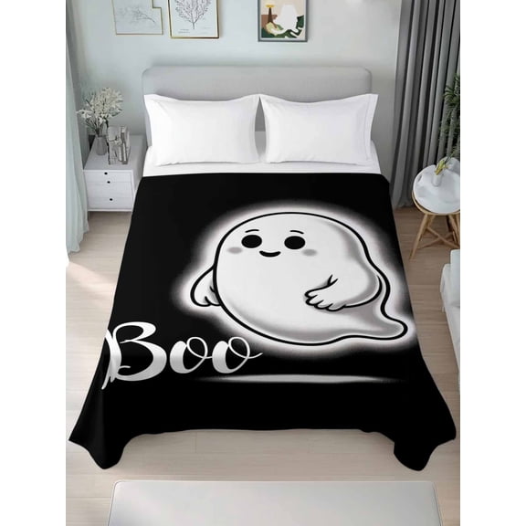 King Flat Sheet Only Halloween Cute Ghost Boo Soft Microfiber Cooling Bedding Sheets Black and White Flat Bed Sheet for Hotel,Home Decor