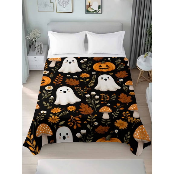 King Flat Sheet Only Halloween Cute Ghosts Soft Microfiber Cooling Bedding Sheets Small Pumpkins Mushrooms Flat Bed Sheet
