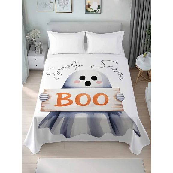 King Flat Sheet Only Halloween Watercolor Ghost White Soft Microfiber Cooling Bedding Sheets Spooky Season Flat Bed Sheet for Hotel,Home Decor