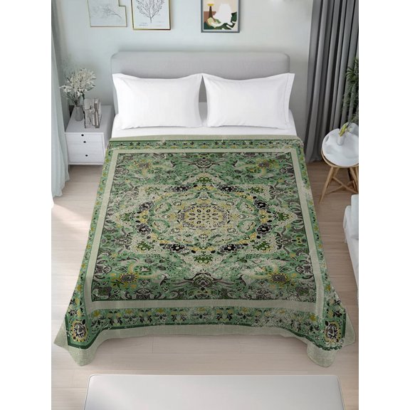 King Flat Sheet Only Medieval Turkish Boho Pattern Soft Microfiber Cooling Bedding Sheets Green Mural Retro Floral Texture Flat Bed Sheet