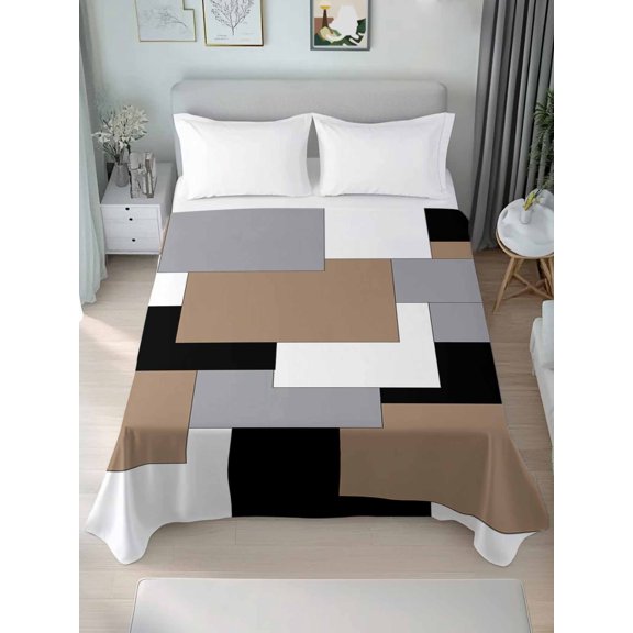 King Flat Sheet Only Minimalist Art Geometric Check Color Blocks Soft Microfiber Cooling Bedding Sheets Colorful Flat Bed Sheet